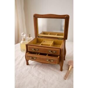 Vintage Wood Jewelry Box Mirror Drawers Hollywood Regency Vanity Decor